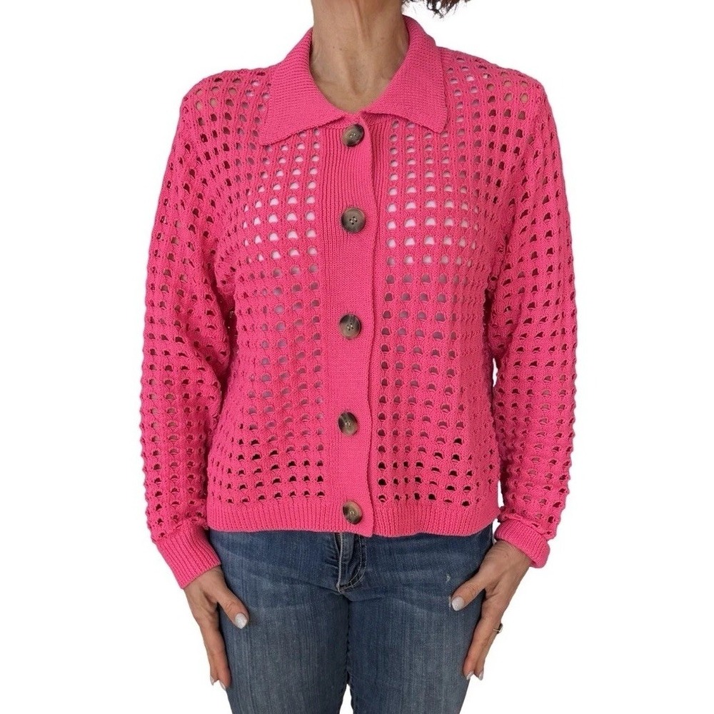 Rain + Rose Open Knit Crochet Cardigan Sweater Collared Hot Pink  Large